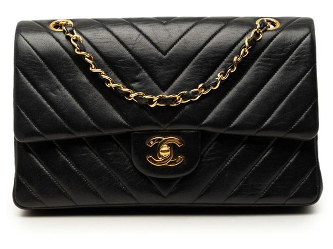 Bolsa de Ombro Chanel Chevron V-Stitch Coco Mark Double Flap com Corrente Preto
