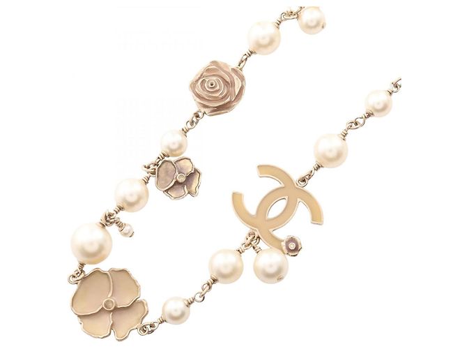 Chanel Coco Mark Camellia Halskette B13C Weiß Golden Roh