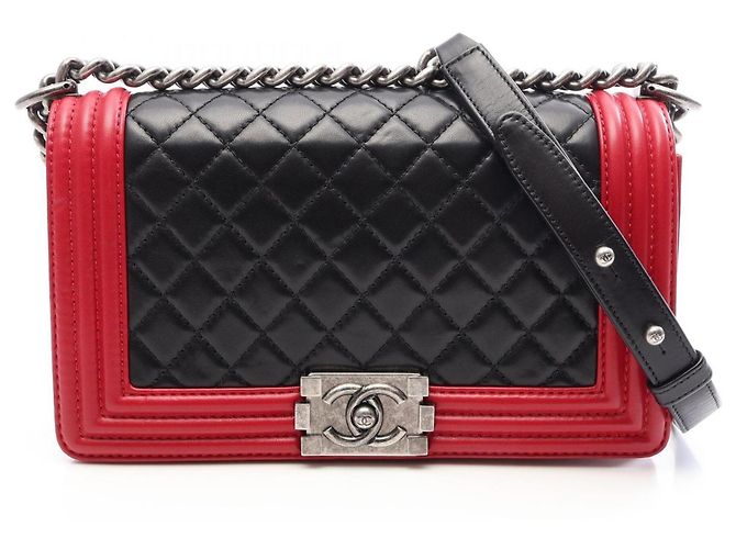 Borsa a tracolla Chanel Boy in pelle di agnello nera e rossa Nero Rosso