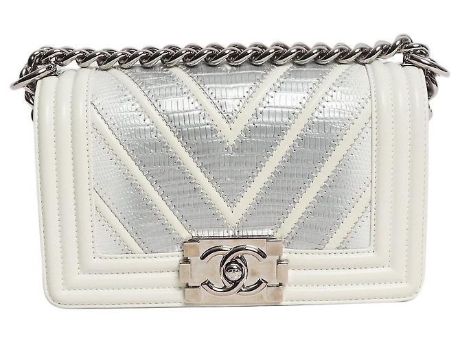 Chanel Bolso Boy 2016 pequeño de lagarto chevron blanco
