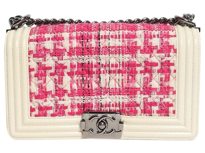 Le Boy Chanel Bolsa Boy 2014 em couro e tweed rosa e branca