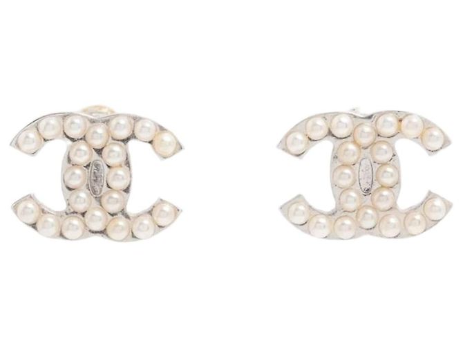 Chanel Brincos Silver Coco Mark 05V de pérolas artificiais Prata