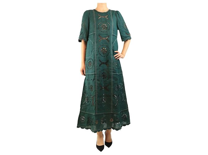 Autre Marque Maxikleid aus grünem Leinen mit Stickerei - size