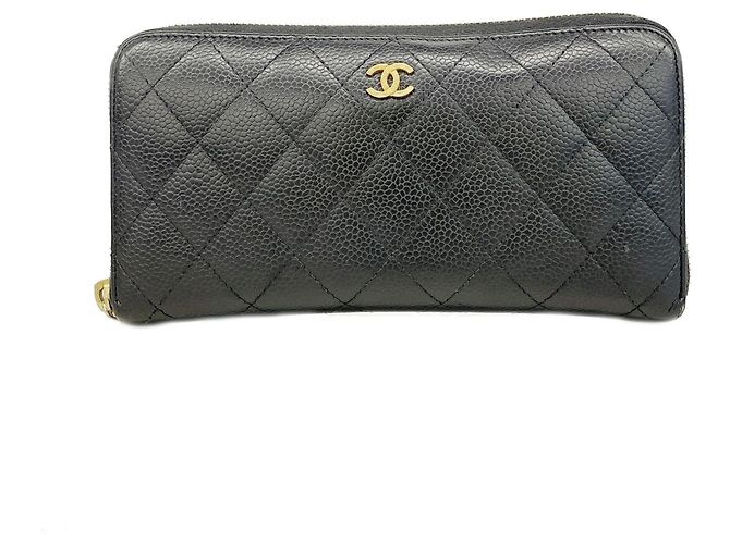Cartera larga Chanel de piel de becerro granulada negra Negro