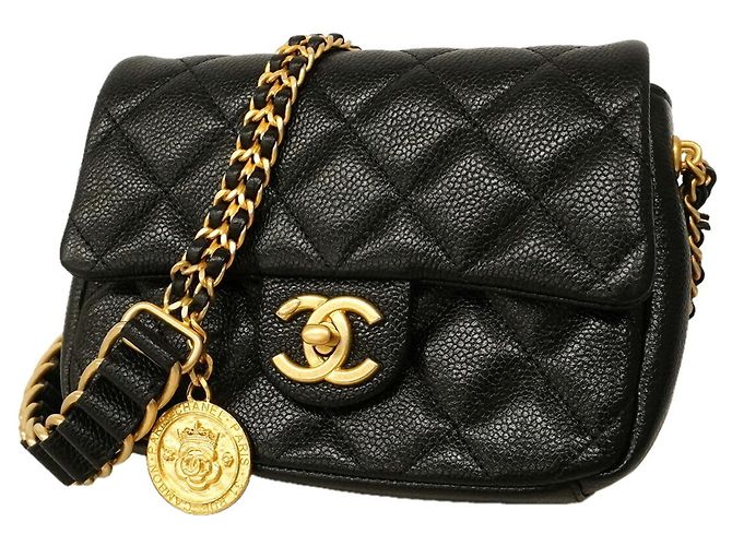 Timeless Bolsa de Ombro Chanel Mini Matelassé com Corrente Preto