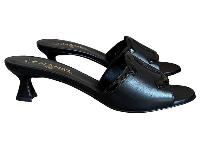 Chanel CC Black Leather Spool Heel Sandals