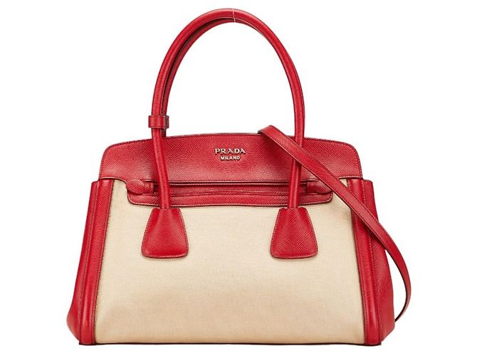 Borsa Prada Saffiano Canapa - Beige and Red Rosso