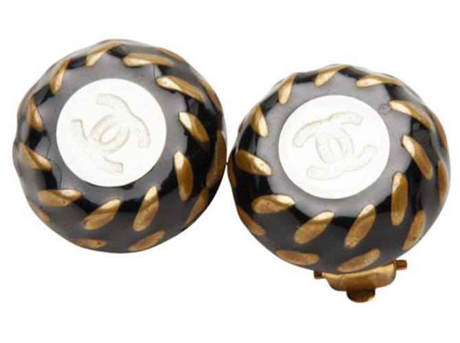 Timeless Orecchini a clip vintage Chanel Coco Mark Nero Argento D'oro