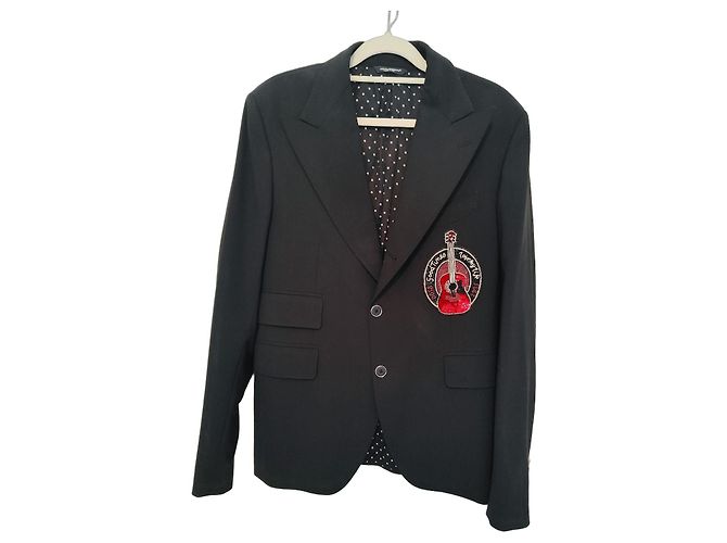 Dolce & Gabbana Black Wool Blend Blazer with Guitar Embellishment