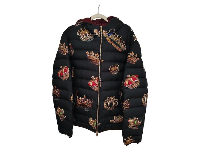 Dolce & Gabbana Black Down Jacket with Crown Print