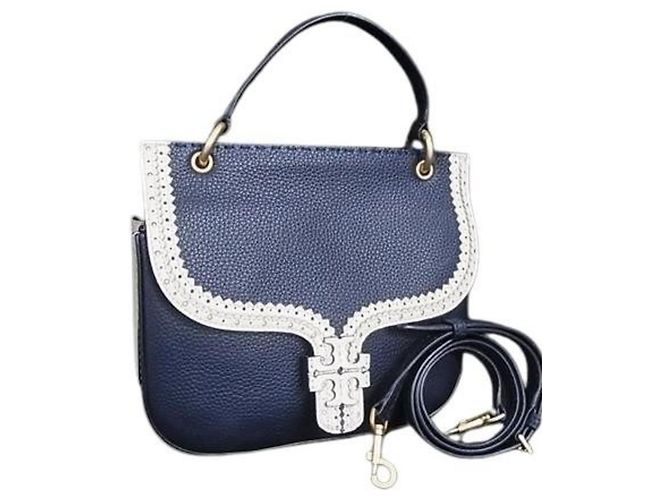 Bolsa de Ombro em Couro Two-Tone Tory Burch Cru Azul marinho