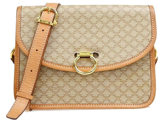 Céline Celine Vintage Macadam Circle Logo Canvas and Leather Beige