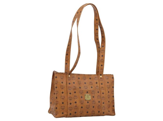 Bolsa Tote MCM Vicetos PVC Couro Marrom Tom Dourado Auth 203356