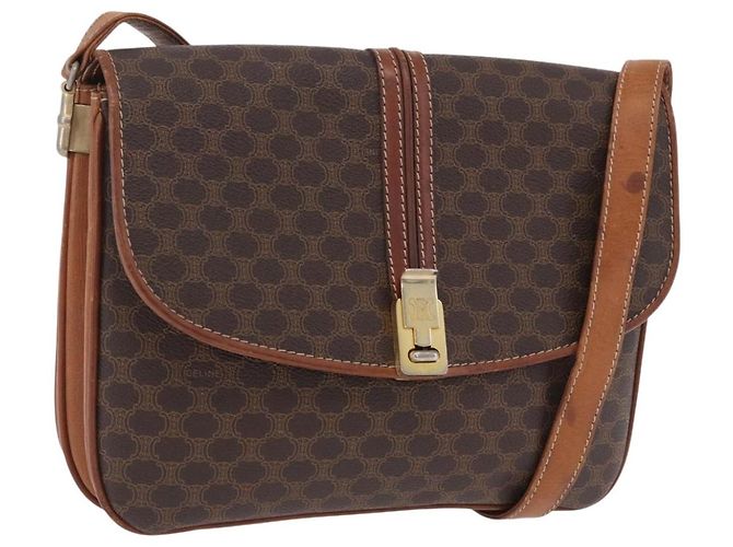 16 Céline Bolsa de Ombro CELINE Macadam Canvas PVC Leather Brown Gold Auth 200927 Marrom Dourado