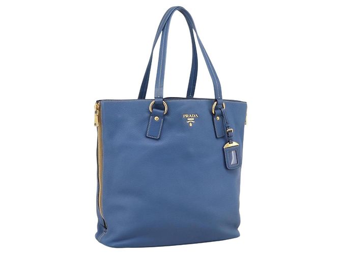 Tote Sac cabas PRADA en cuir Vittero Dino Bleu Or Auth 200767V Doré