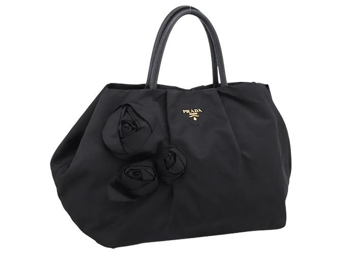 Sac à main PRADA Nylon Black Gold Auth 201125V Noir Doré