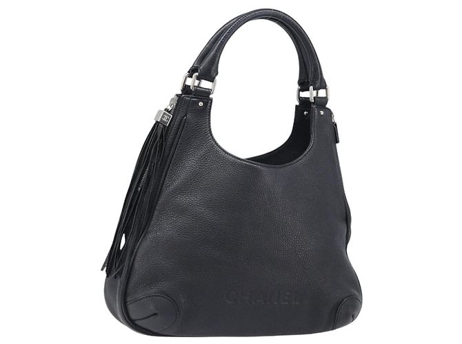 Borsa a tracolla CHANEL in pelle nera con CC argento Auth 200547A Nero