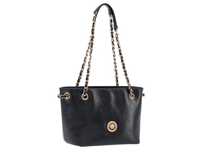 Borsa a tracolla con catena VERSACE in pelle nera e oro Auth 200693V Nero D'oro
