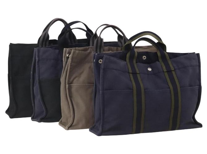 Hermès Bolsa HERMES Fourre Tout MM algodão 4Set Navy Black Auth 199989 Preto Azul marinho