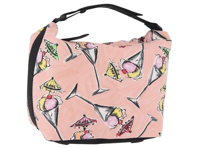 CHANEL Ice Cream Pattern Shoulder Bag Canvas Pink Black CC Auth 201171V
