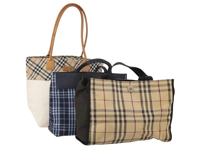 BURBERRY Nova Check Hand Bag Canvas 3 Set Beige Blue Auth 202176 Bleu