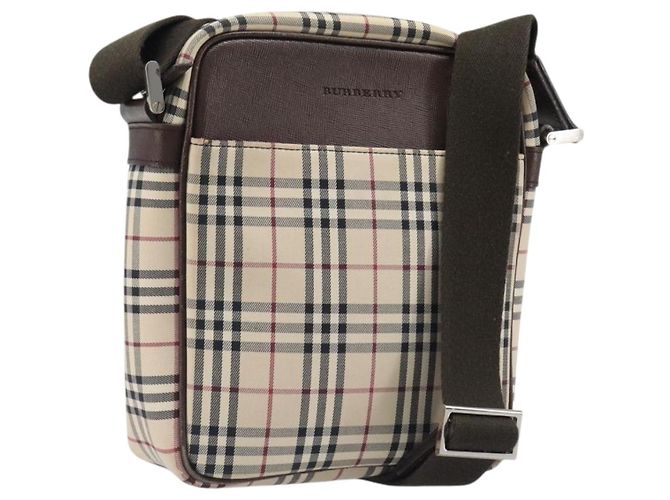 Bolsa de Ombro BURBERRY Nova Check Canvas Beige Silver Auth 200675 Prata Bege