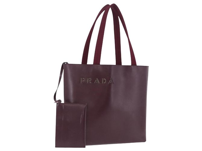 Bolso Tote PRADA de cuero rojo vino Auth 201318 Burdeos