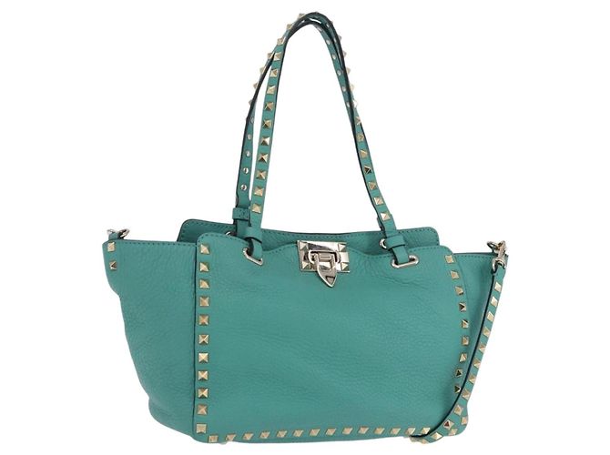 Borsa Tote VALENTINO Studs in pelle 2 vie Blu Turchese Oro Auth BA15656A D'oro