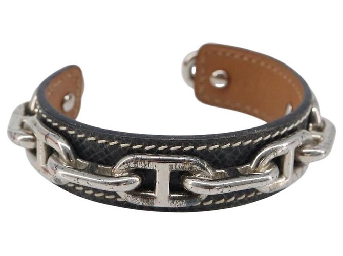 Hermès HERMES Bracciale Bangle Chaine d'Ancre Metallo Pelle Silver Black Auth 200739V Nero Argento