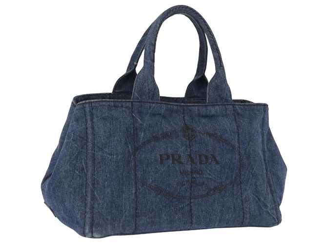 Sac à main PRADA Canapa MM Denim Blue Gold Tone Auth 201120 Bleu