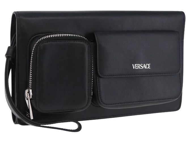 Borsa a pochette VERSACE in pelle nera e argento Auth 200703V Nero