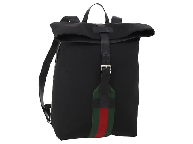 GUCCI Web Sherry Line Backpack Canvas Leather Black Silver 337075 Auth hk4063A Silvery