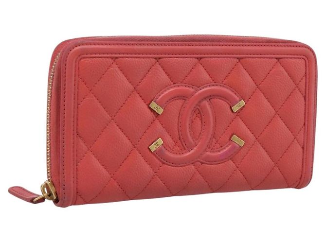 Carteira Longa CHANEL Matelasse em Couro Caviar Laranja com CC Tom Dourado Auth 203090