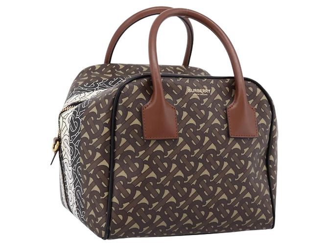 Borsa a mano BURBERRY Monogram Cube PVC Brown Gold Auth 202676 Marrone D'oro