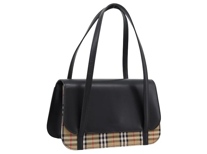 Burberrys Nova Check Handtasche Canvas Leder Beige Silber Auth 203220V