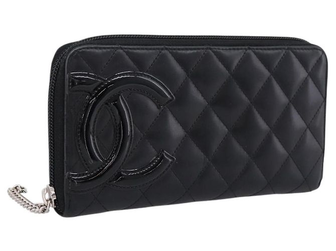 CHANEL Cambon Line Matelasse Long Wallet Leather Black Silver CC Auth 201210A Silvery