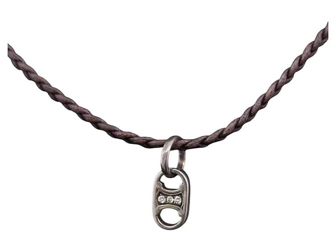 Céline Colar Choker CELINE Couro Brown Auth SW2831 Marrom
