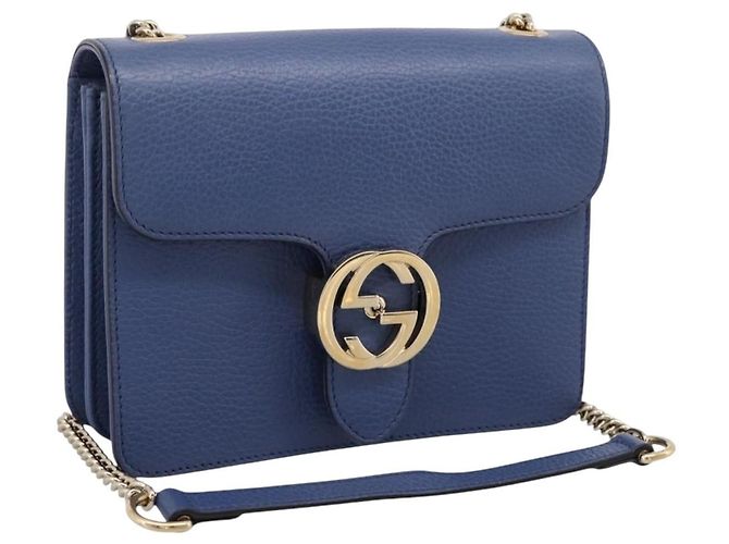 GUCCI Interlocking G Chain Schultertasche aus Leder Blau Gold 510304 Auth 202459V Golden