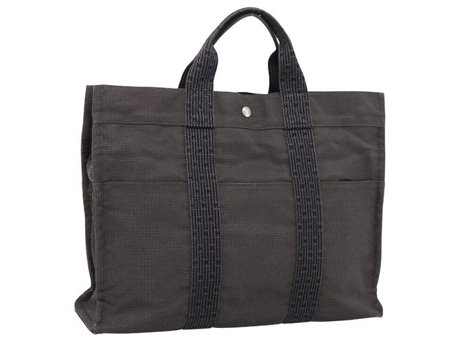 Hermès HERMES Her Line Tote MM Tote Bag Canvas Gray Silver Auth 203783 Marrone Argento