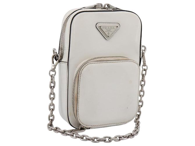 Bolsa de Ombro com Corrente PRADA em Couro Branco Prata Auth 202662