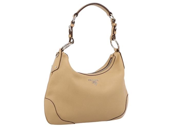 Bolsa de Ombro PRADA em Couro Bege Prateado BR3373 Auth am12571V Prata