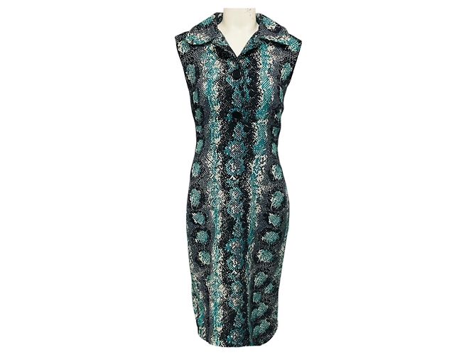 Vestido midi sem mangas em crepe de lã com estampado de cobra Prada Teal / Ivory / Black Multicor