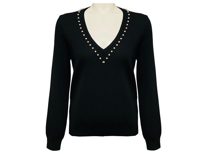 Givenchy V-Ausschnitt Wollstrickpullover langärmlig in Schwarz / Silber mit Perlenverzierung