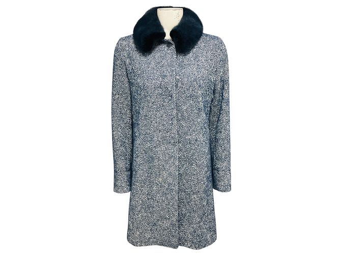 Autre Marque Casaco de tweed de lã e alpaca azul / branco Amina Rubinacci com gola de pele de vison