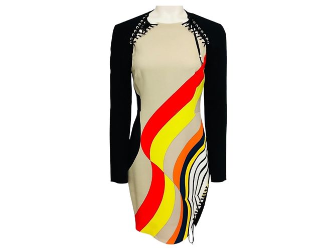 Abito in crepe a maniche lunghe Emilio Pucci Nero / Beige Multi con stampa Pucci e dettaglio stringato