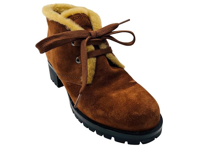 Prada Brown / Tan Shearling Lined Suede Ankle Boots with Lug Soles