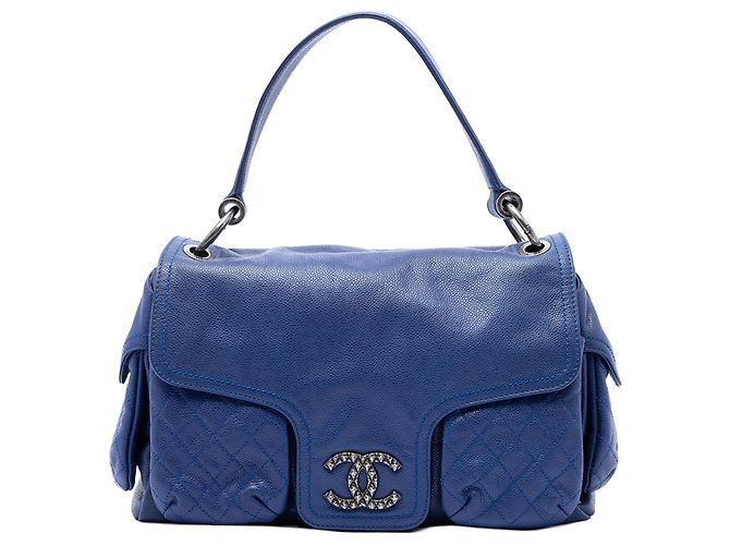 Sac à main Chanel Coco Rider à rabat et poches multiples en cuir Caviar glacé bleu