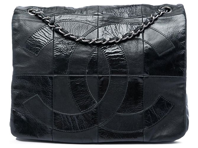 Borsa a tracolla Brooklyn Flap in patchwork di pelle d'agnello e vernice nera Chanel Nero