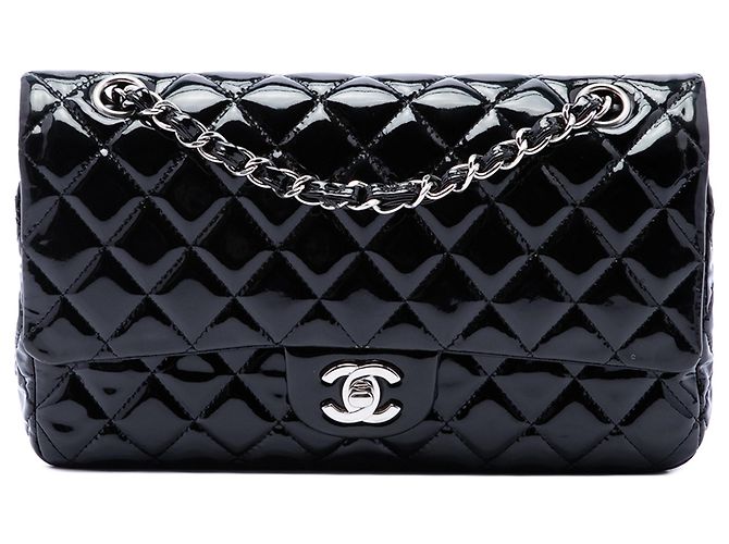 Borsa a tracolla Chanel Medium Classic Double Flap in vernice nera Nero
