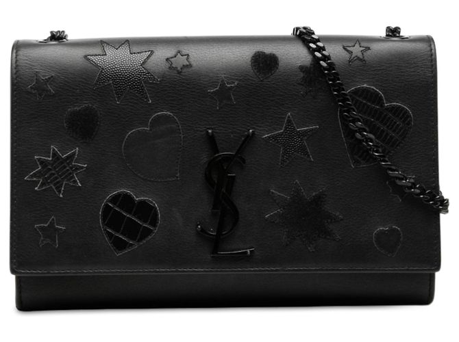 Autre Marque Borsa a tracolla Kate monocromatica in pelle di vitello Medium Saint Laurent nera con patchwork monogramma stelle e cuori Nero